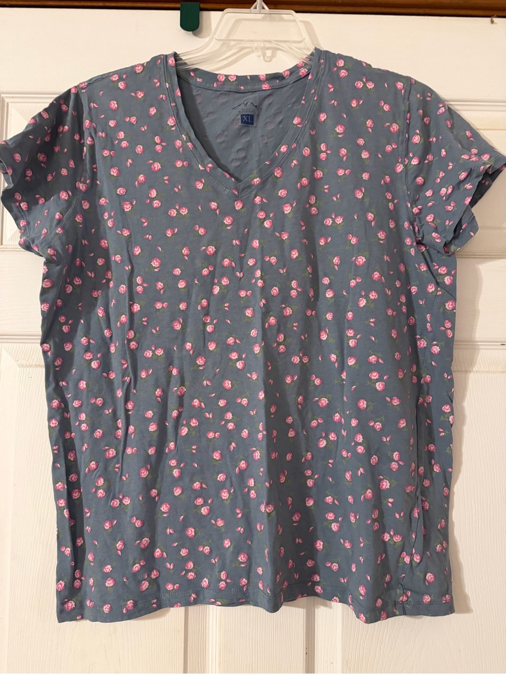 V-Neck Short Sleeve Top in Dusty Blue with Pink Rose Print